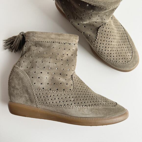 Isabel Marant Perforated Suede Leather Basley Bootie Olive Taupe Size 39/9 - Picture 1 of 8